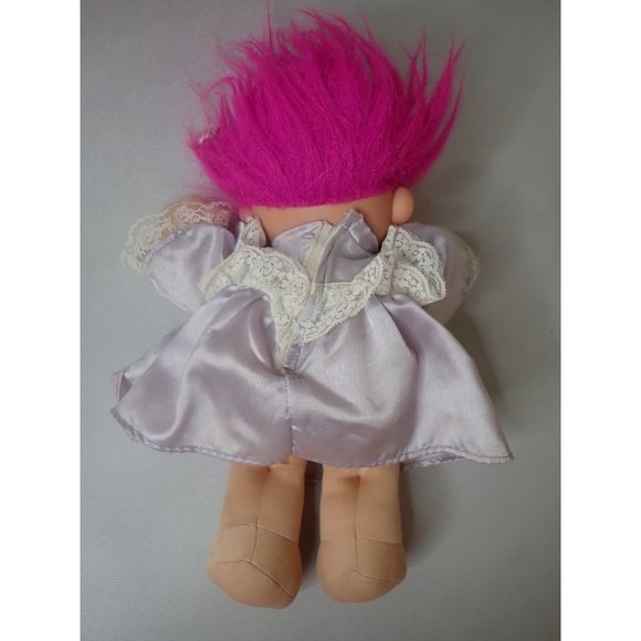 VTG Russ Berrie 12" Troll Doll Girl Purple Satin Dress Plush Soft Body Blue Eyes - Picture 4 of 5